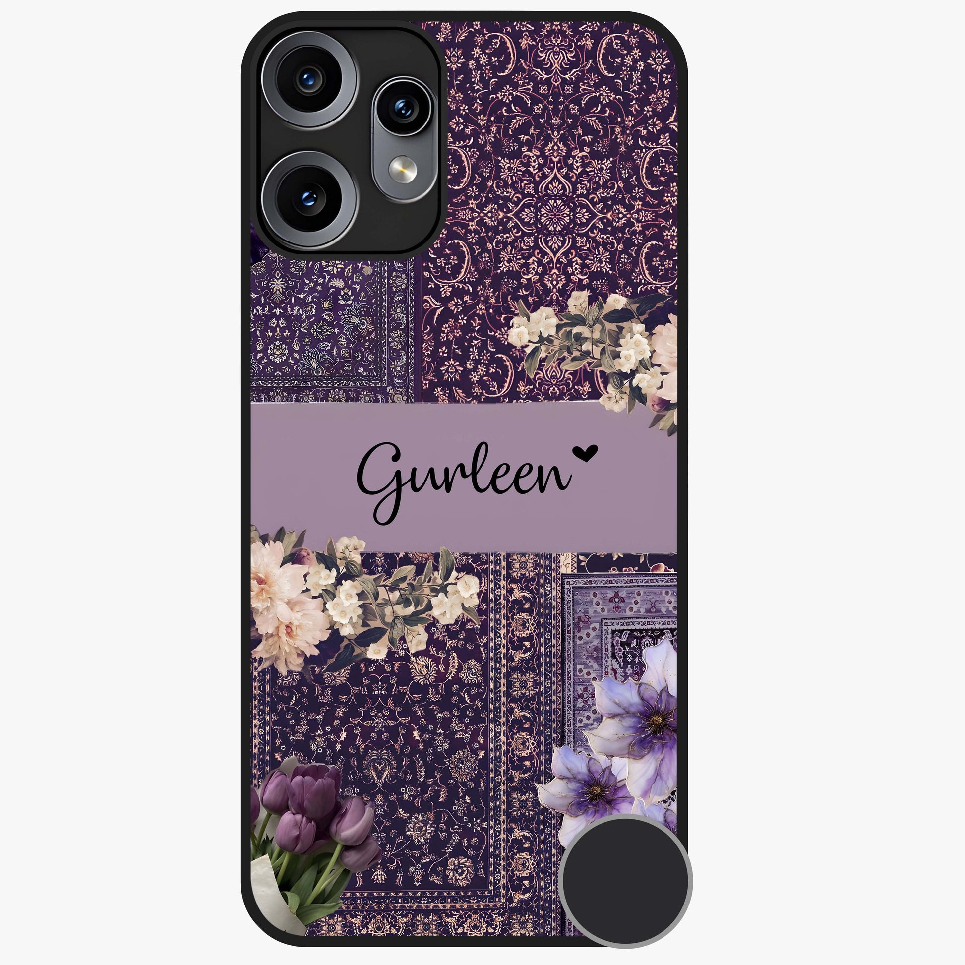 Antique Floral Whisper Custom Name Glass Case showing flat back view with vintage floral artwork and personalized name design.