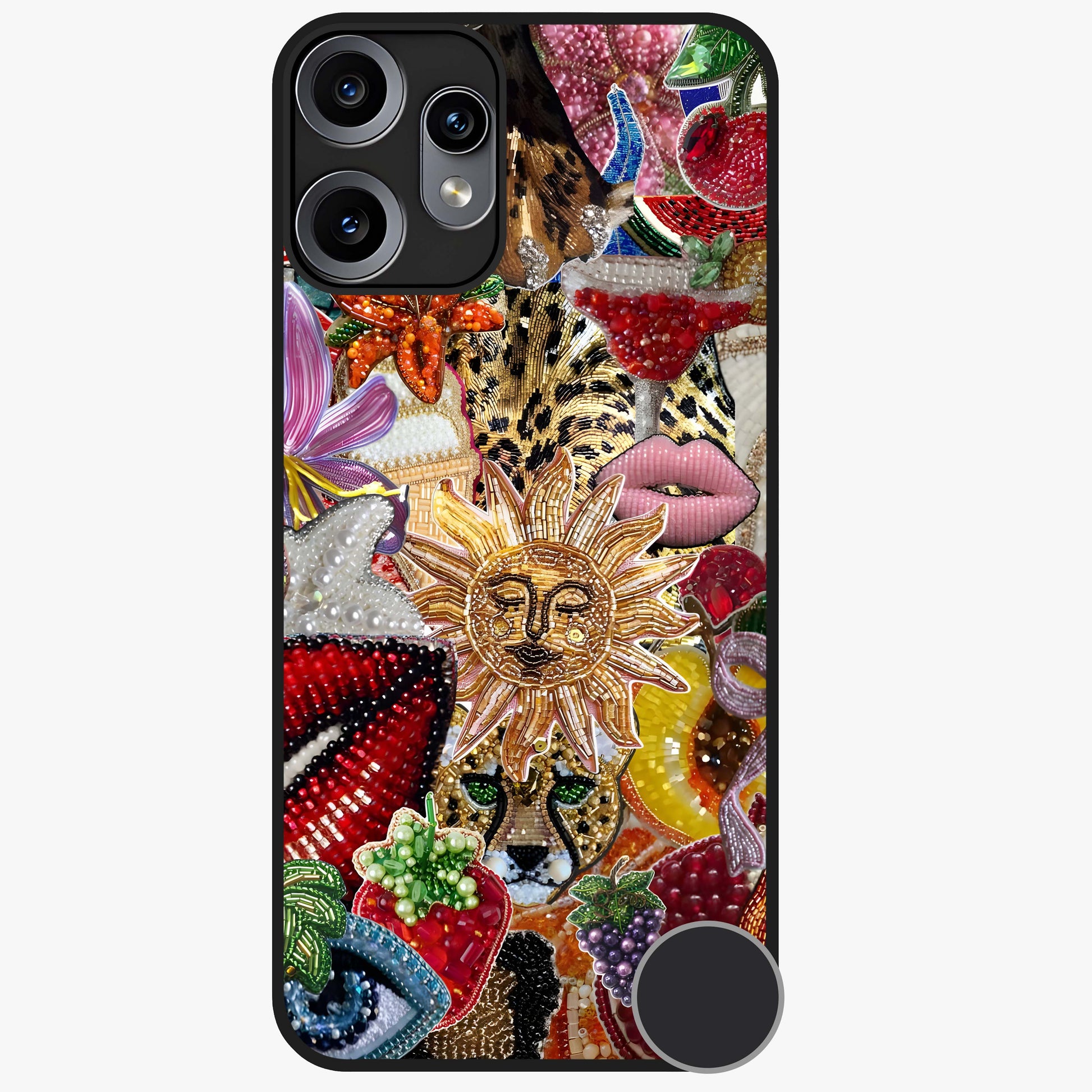 Beaded Fashion Jungle Glass Case showing flat back view with vibrant jungle inspired bead artwork and glossy glass finish.