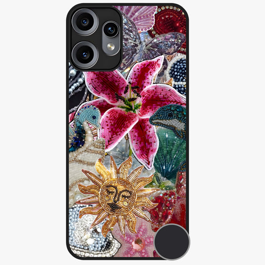 Beaded Garden Fantasy Glass Case showing flat back view with dreamy garden bead artwork and glossy glass finish.