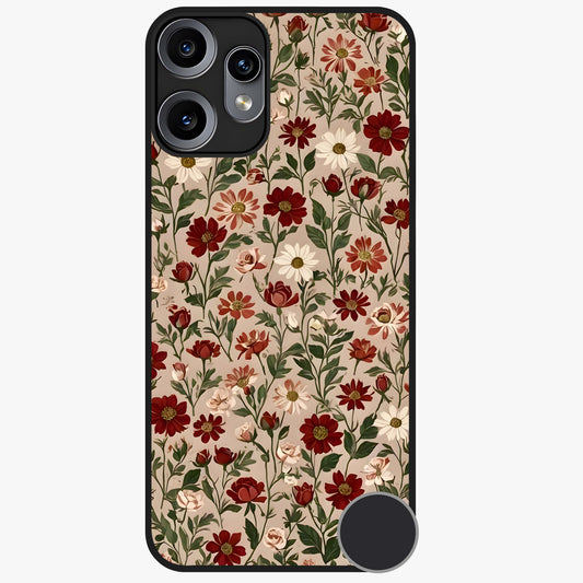 Biege Flower With Leaf Glass Case showing flat back view with soft beige floral artwork and glossy glass finish.
