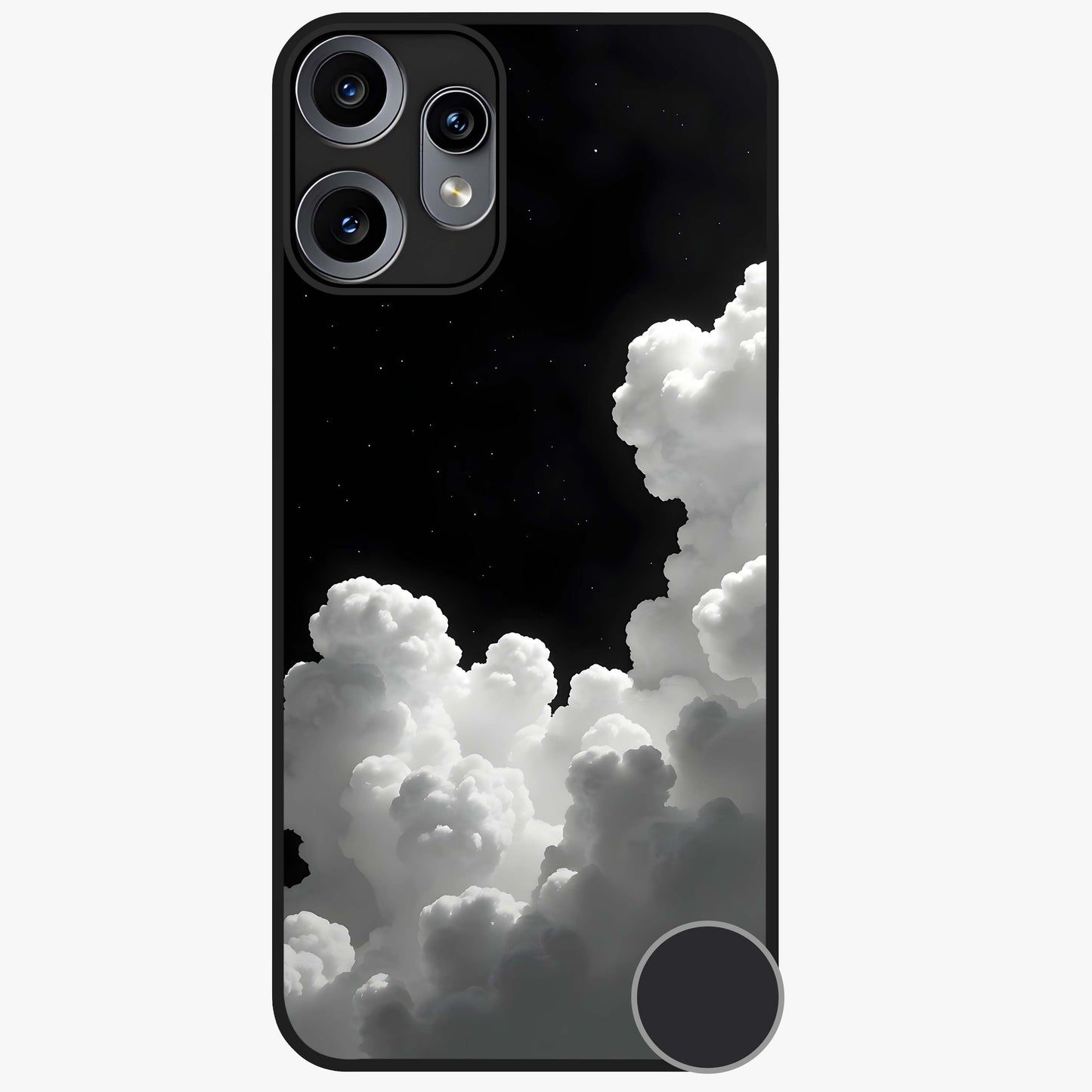 Black Background With White Cloud Glass Case showing flat back view with minimal cloud artwork on dark background and glossy glass finish.