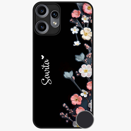 Black Elegance Floral Custom Name Glass Case showing flat back view with elegant floral artwork and personalized name design.