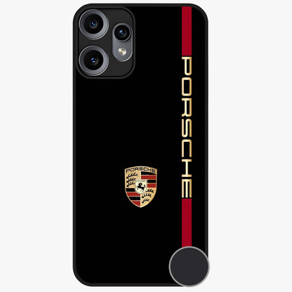 Black Minimal Porsche Glass Case showing flat back view with sleek minimal sports car artwork and glossy glass finish.