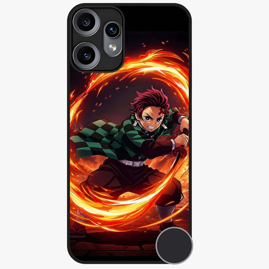 Blazing Sword Resolve Glass Case showing flat back view with fiery sword artwork and glossy glass finish.