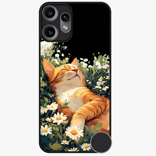Blissful Bloom Cat Glass Case showing flat back view with cute cat and floral bloom artwork and glossy glass finish.