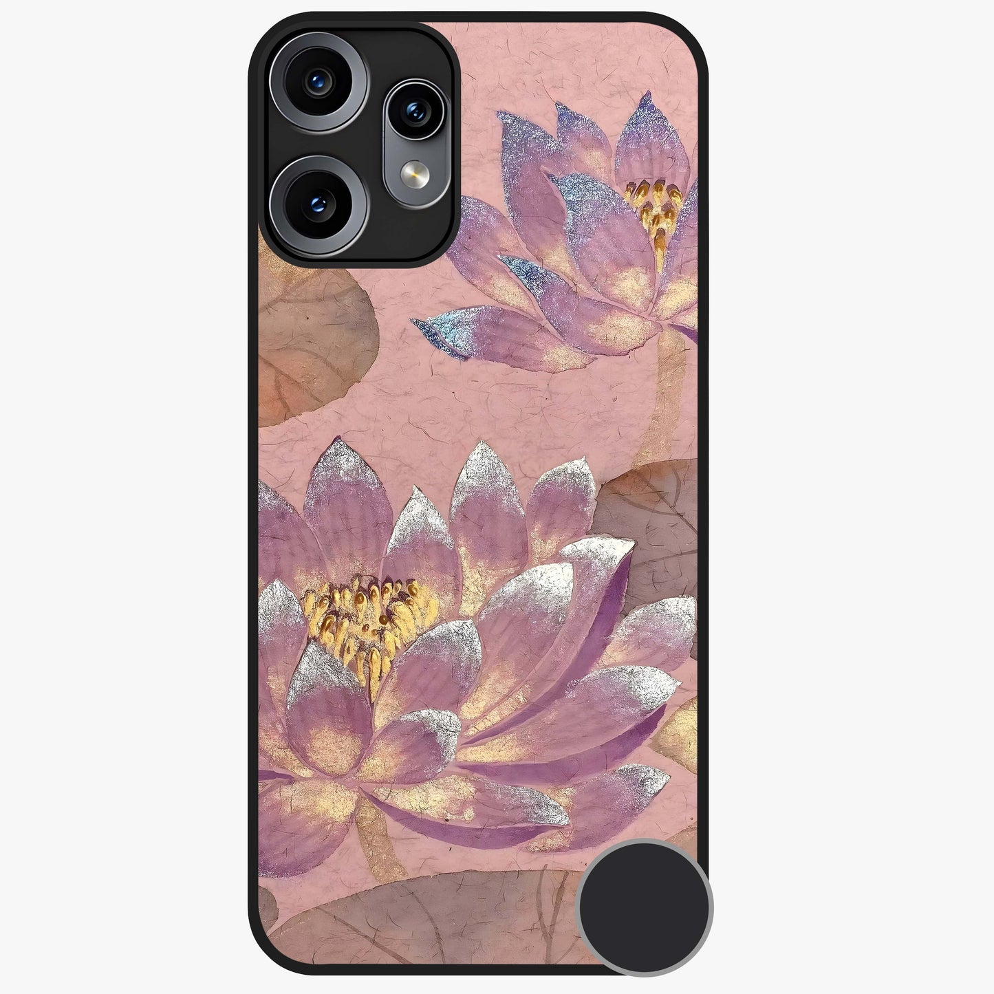 Blossom Mist Lotus Glass Case showing flat back view with serene lotus blossom artwork and glossy glass finish.