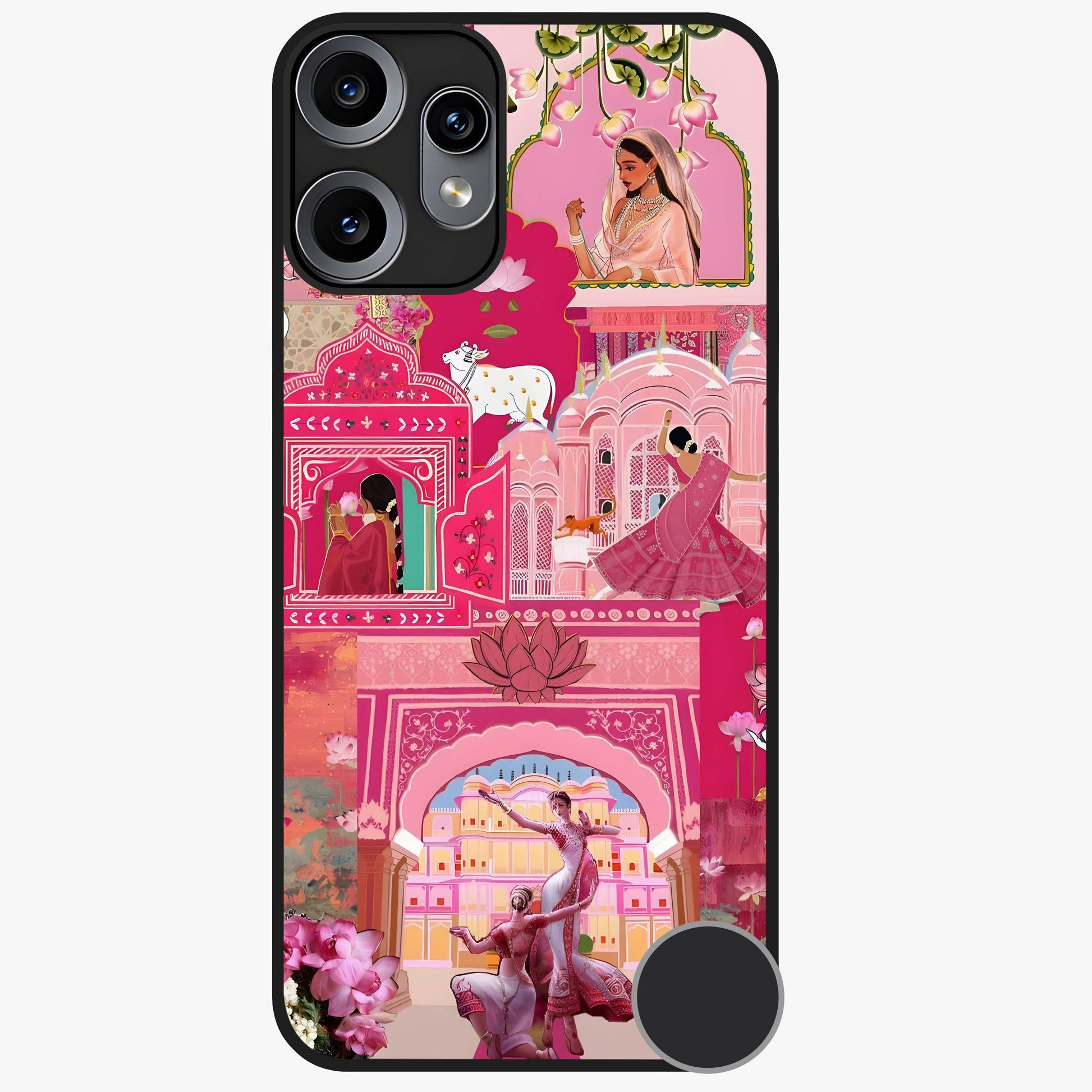 Blossoms of Rajasthan Glass Case showing flat back view with traditional floral artwork inspired by Rajasthan and glossy glass finish.