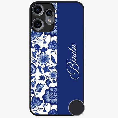 Blue Vintage Floral Pattern Glass Case upright view showcasing timeless floral illustration with vintage inspired style.