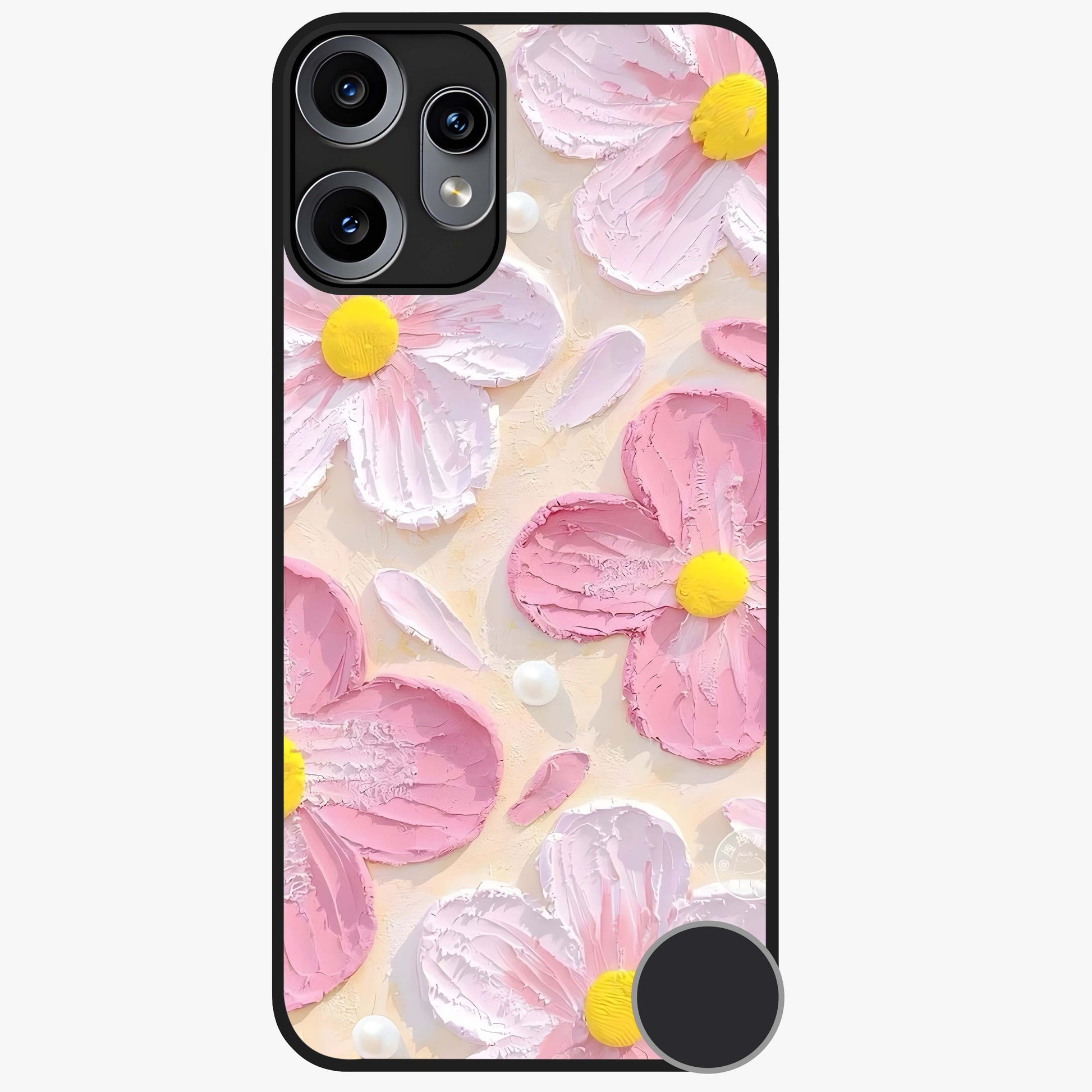 Blush Bloom Texture Glass Case showing flat back view with soft blush floral texture artwork and glossy glass finish.