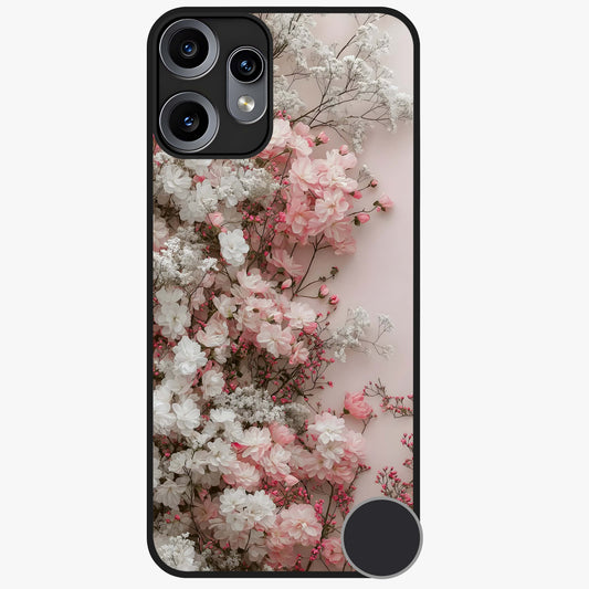 Blush Blossom Cloud Glass Case showing flat back view with dreamy blush cloud blossom artwork and glossy glass finish.