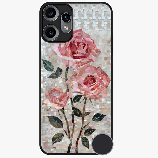Blush Mosaic Bloom Glass Case showing flat back view with mosaic floral bloom artwork and glossy glass finish.