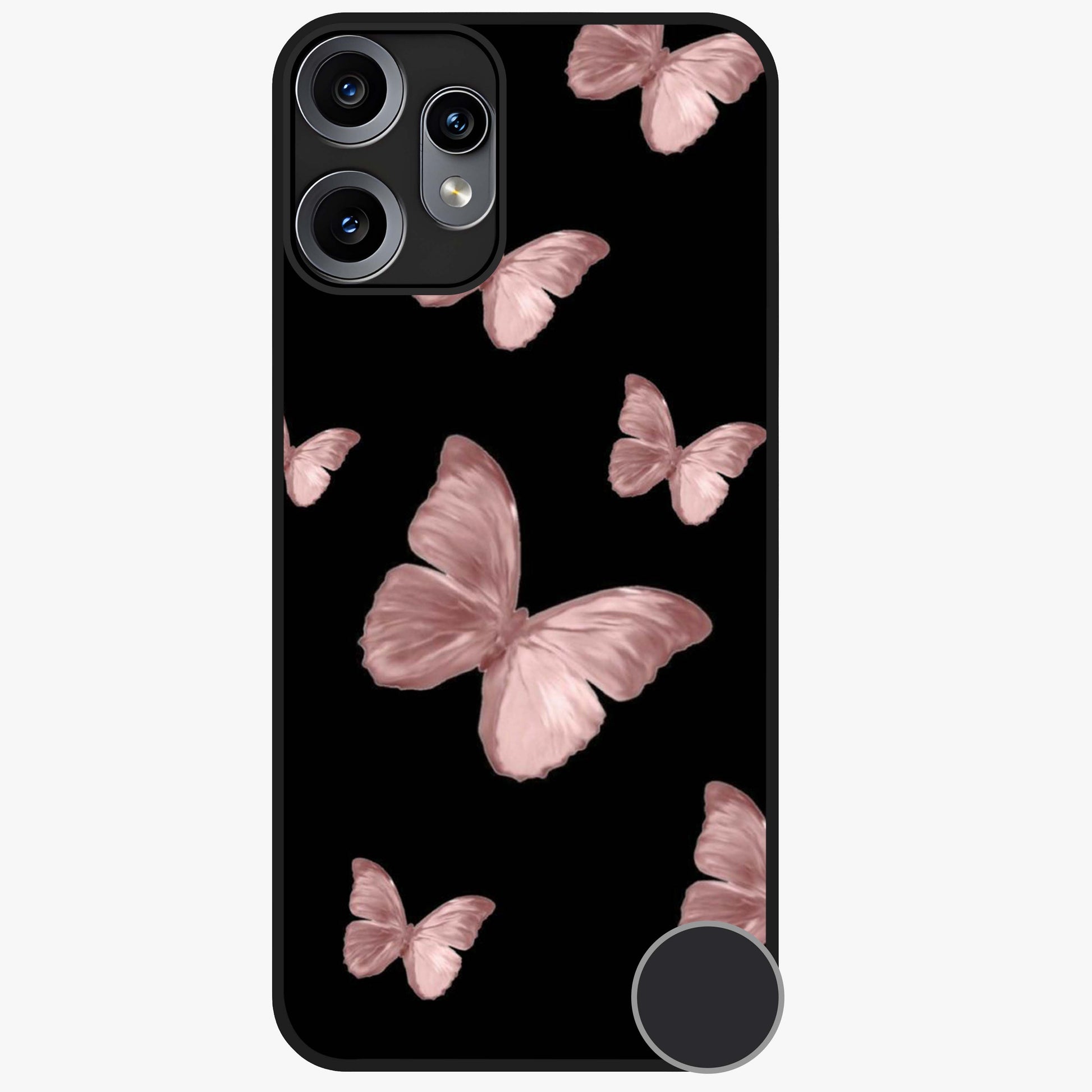Butterfly Pattern Glass Case showing flat back view with elegant butterfly pattern artwork and glossy glass finish.