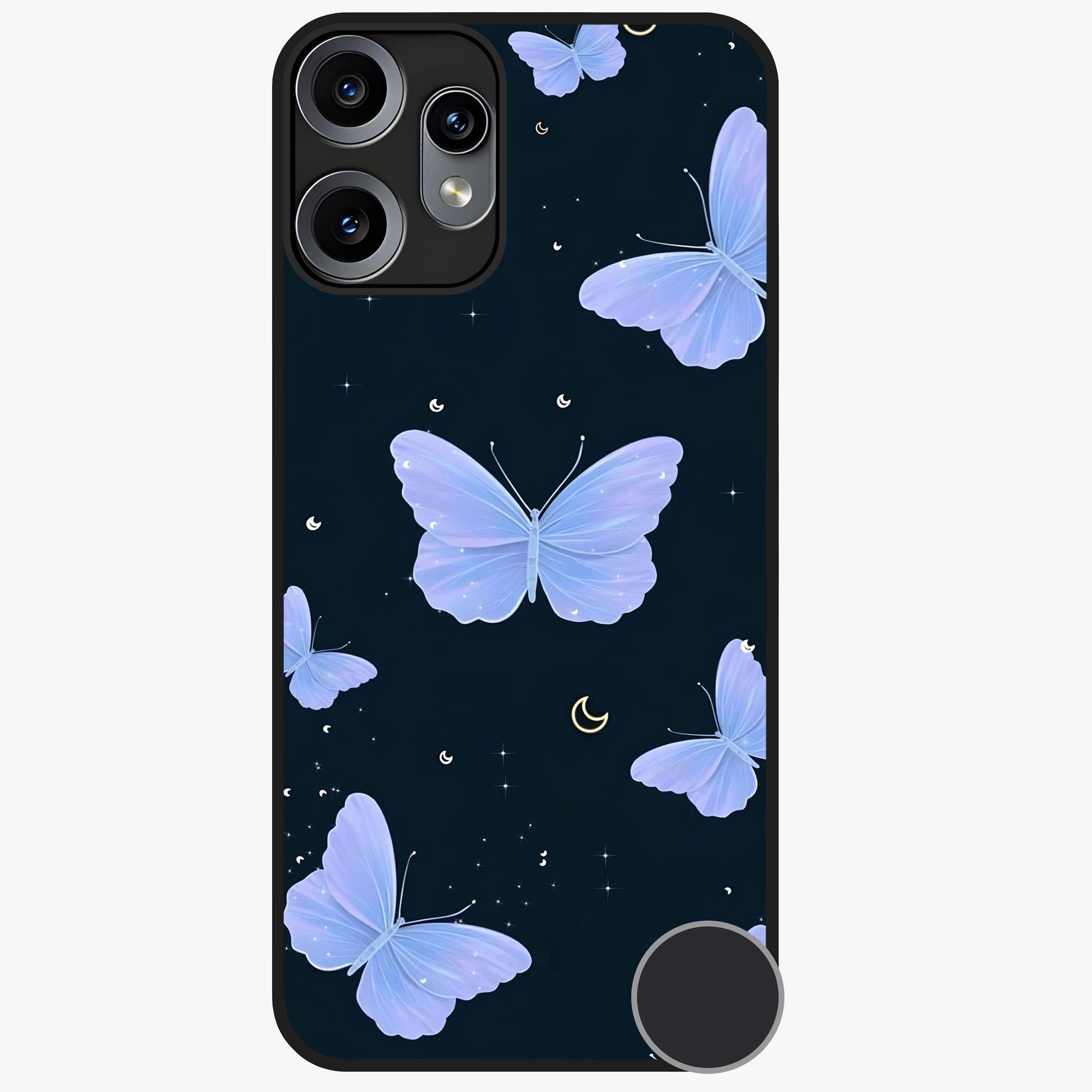 Butterfly With Stars Pattern Glass Case showing flat back view with butterfly and star pattern artwork and glossy glass finish.