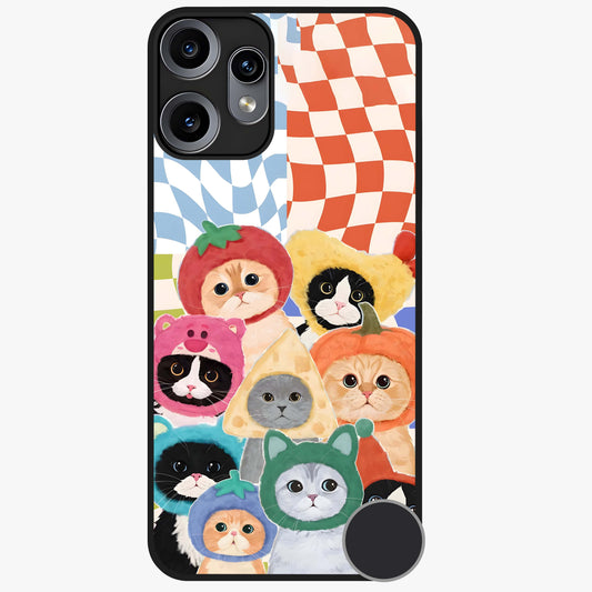 Cats in Fruits Glass Case showing flat back view with playful cat illustrations inside fruit artwork and glossy glass finish.