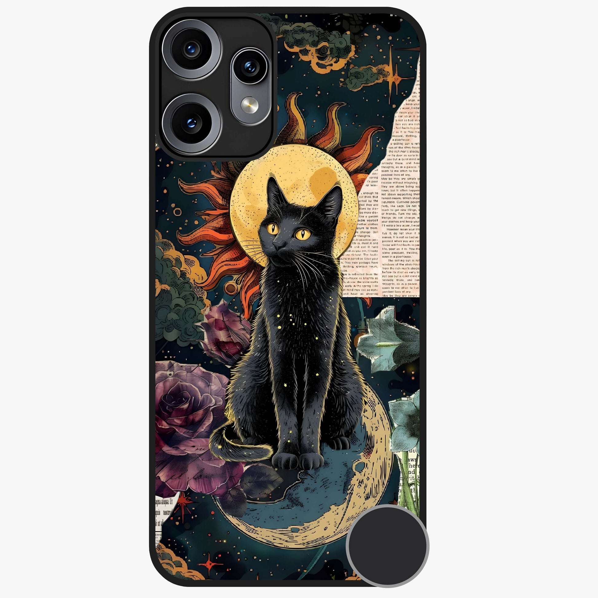 Celestial Black Cat Glass Case showing flat back view with mystical black cat artwork and glossy glass finish.