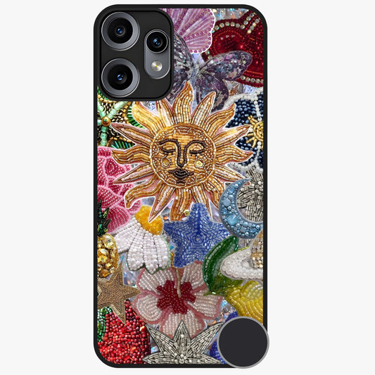 Celestial Floral and Playful Glass Case showing flat back view with floral and celestial themed artwork and glossy glass finish.
