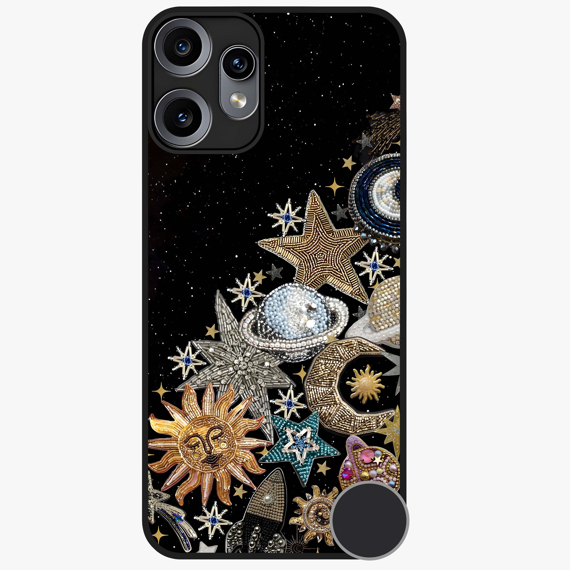 Cosmic Sparkle Dreams Glass Case showing flat back view with sparkling cosmic artwork and glossy glass finish.