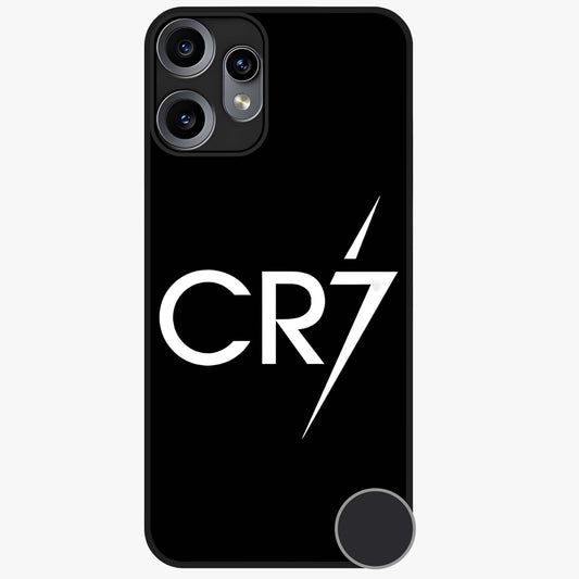 Cr7 Elite Strike Glass Case showing flat back view with dynamic football inspired artwork and glossy glass finish.