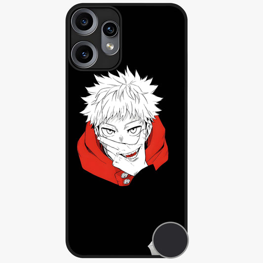 Crimson Chaos Smile Glass Case showing flat back view with bold chaotic smile artwork and glossy glass finish.