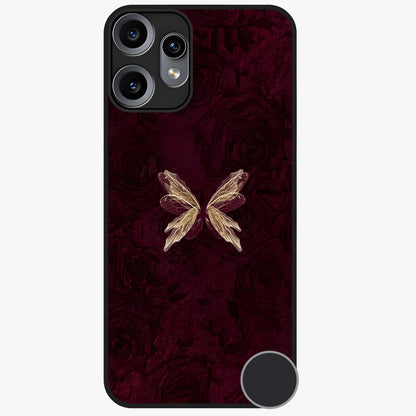 Crimson Fade Butterfly Glass Case showing flat back view with fading butterfly artwork and glossy glass finish.