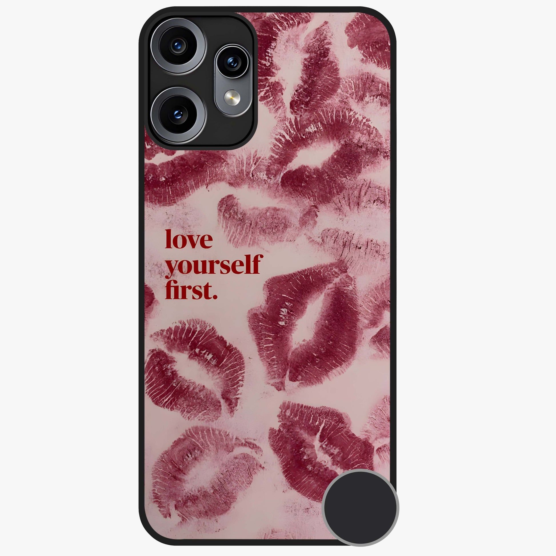 Crimson Kiss Love Glass Case showing flat back view with romantic crimson themed artwork and glossy glass finish.