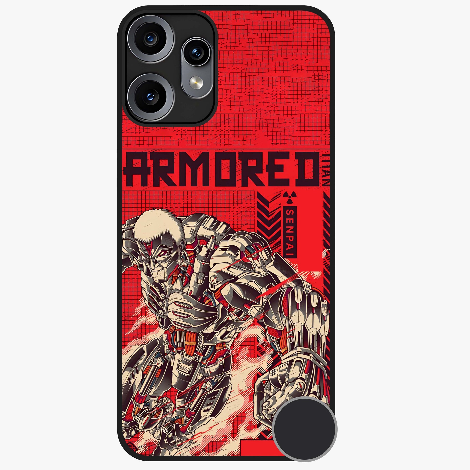 Crimson Mecha Titan Glass Case showing flat back view with powerful mech titan artwork and glossy glass finish.