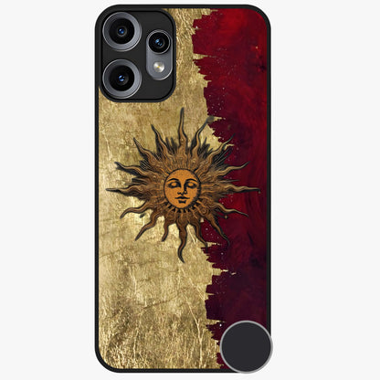 Crimson Sun Majesty Glass Case showing flat back view with radiant sun inspired artwork and glossy glass finish.