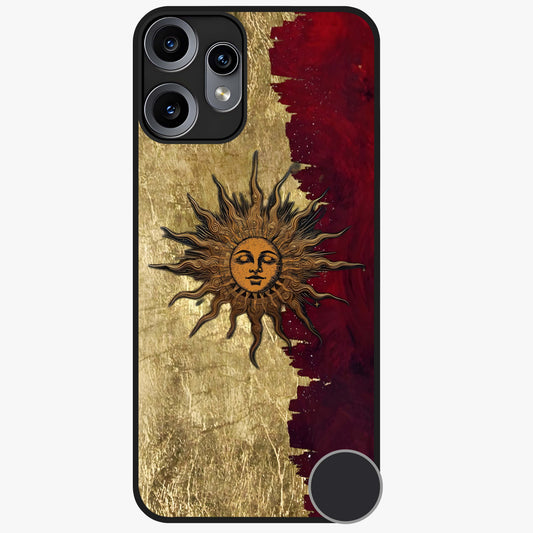 Crimson Sun Majesty Glass Case showing flat back view with radiant sun inspired artwork and glossy glass finish.