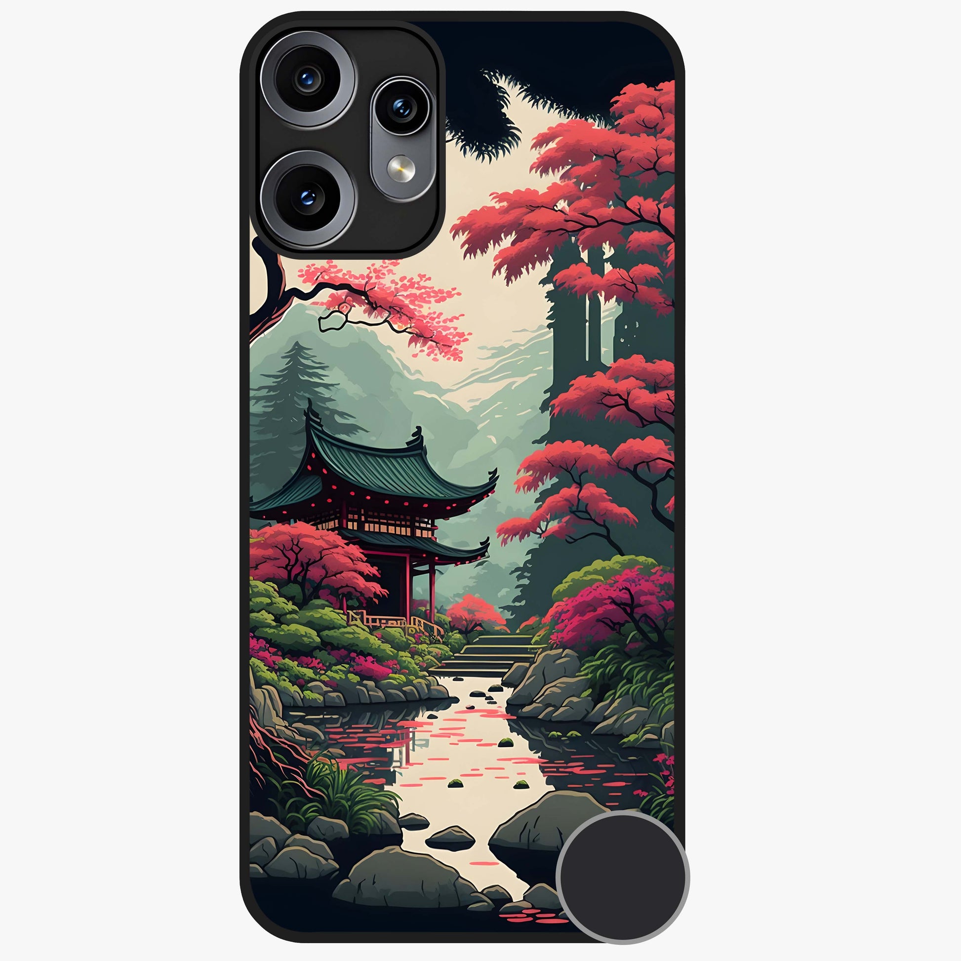 Crimson Temple View Glass Case showing flat back view with temple inspired artwork and glossy glass finish.