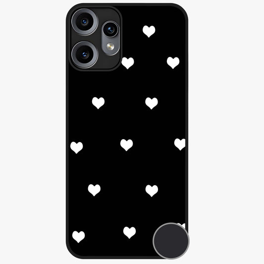 Cute And Simple White Hearts Glass Case showing flat back view with minimal white heart pattern and glossy glass finish.