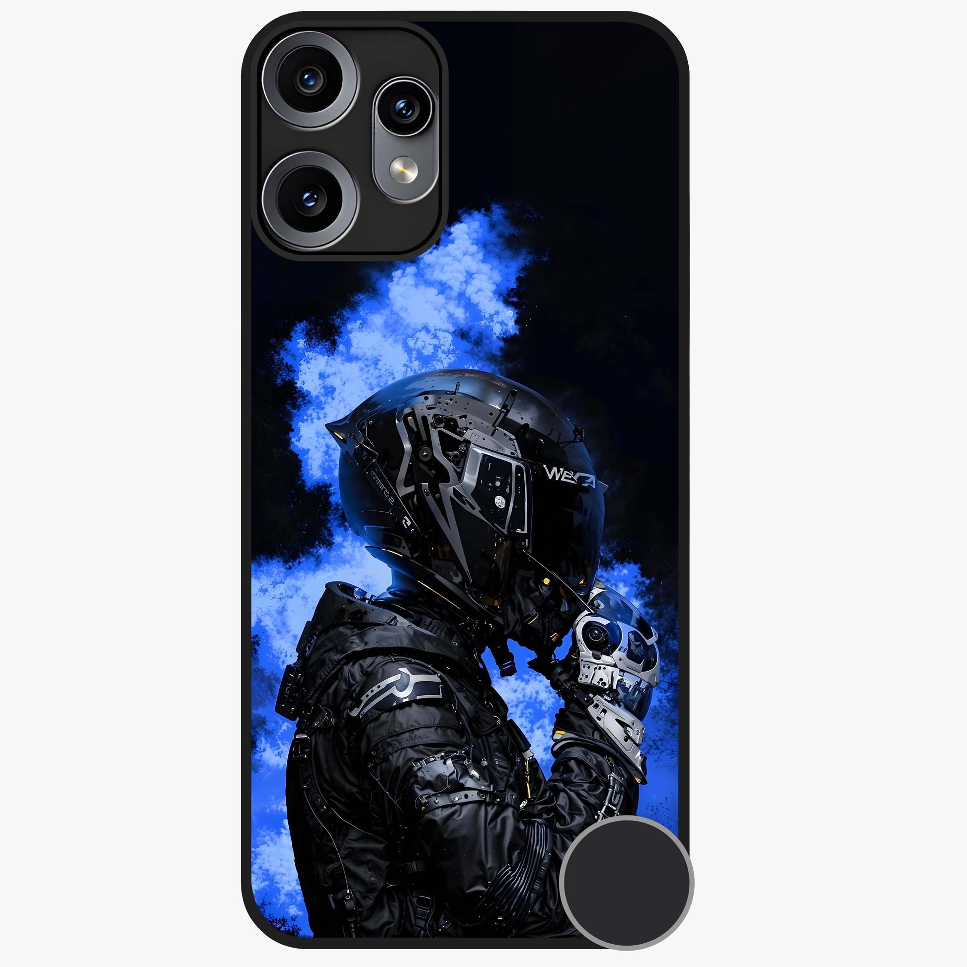 Cyber Sentinel Protocol Glass Case showing flat back view with futuristic cyber themed artwork and glossy glass finish.