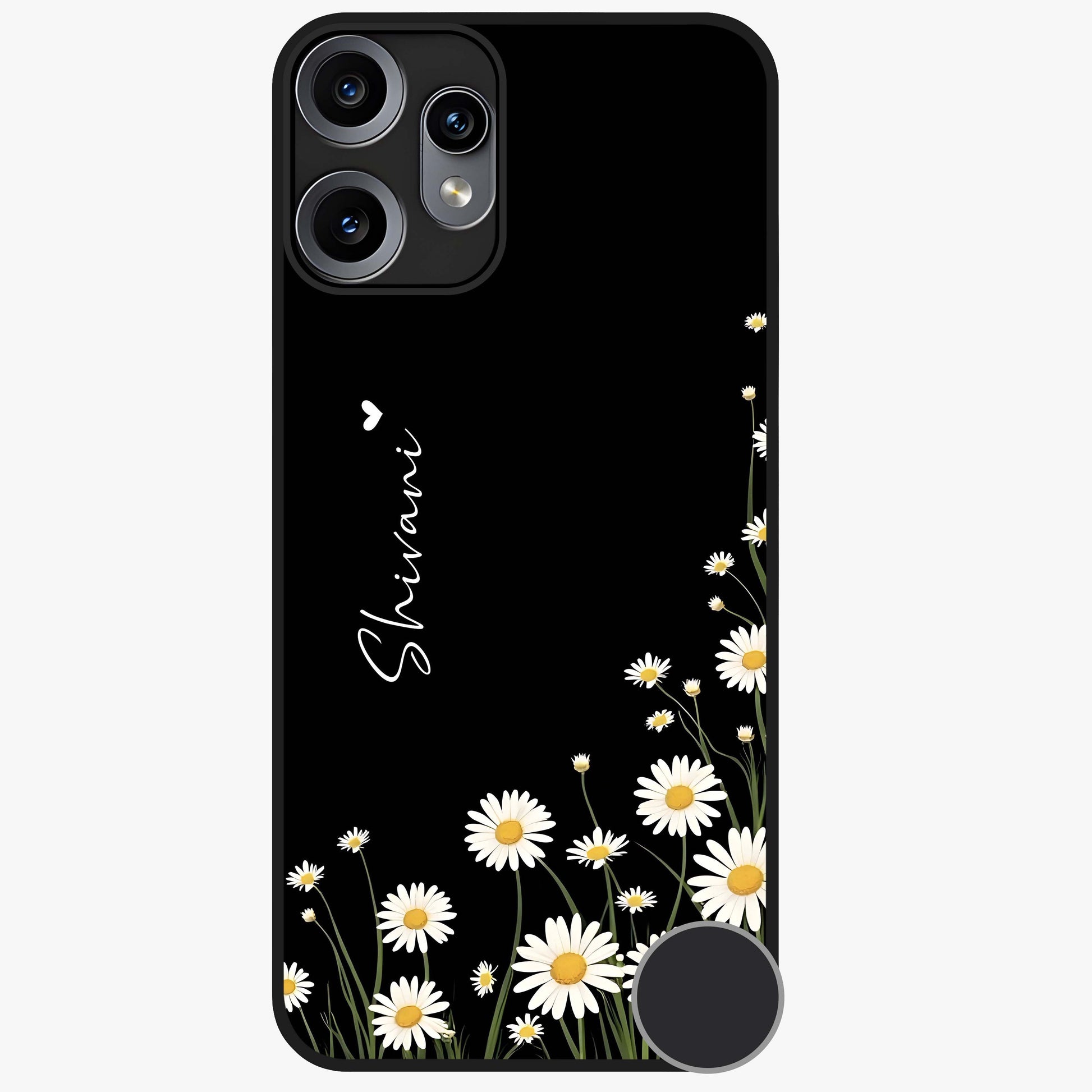 Daisy Cascade Custom Name Glass Case showing flat back view with cascading daisy flowers and personalized name design.