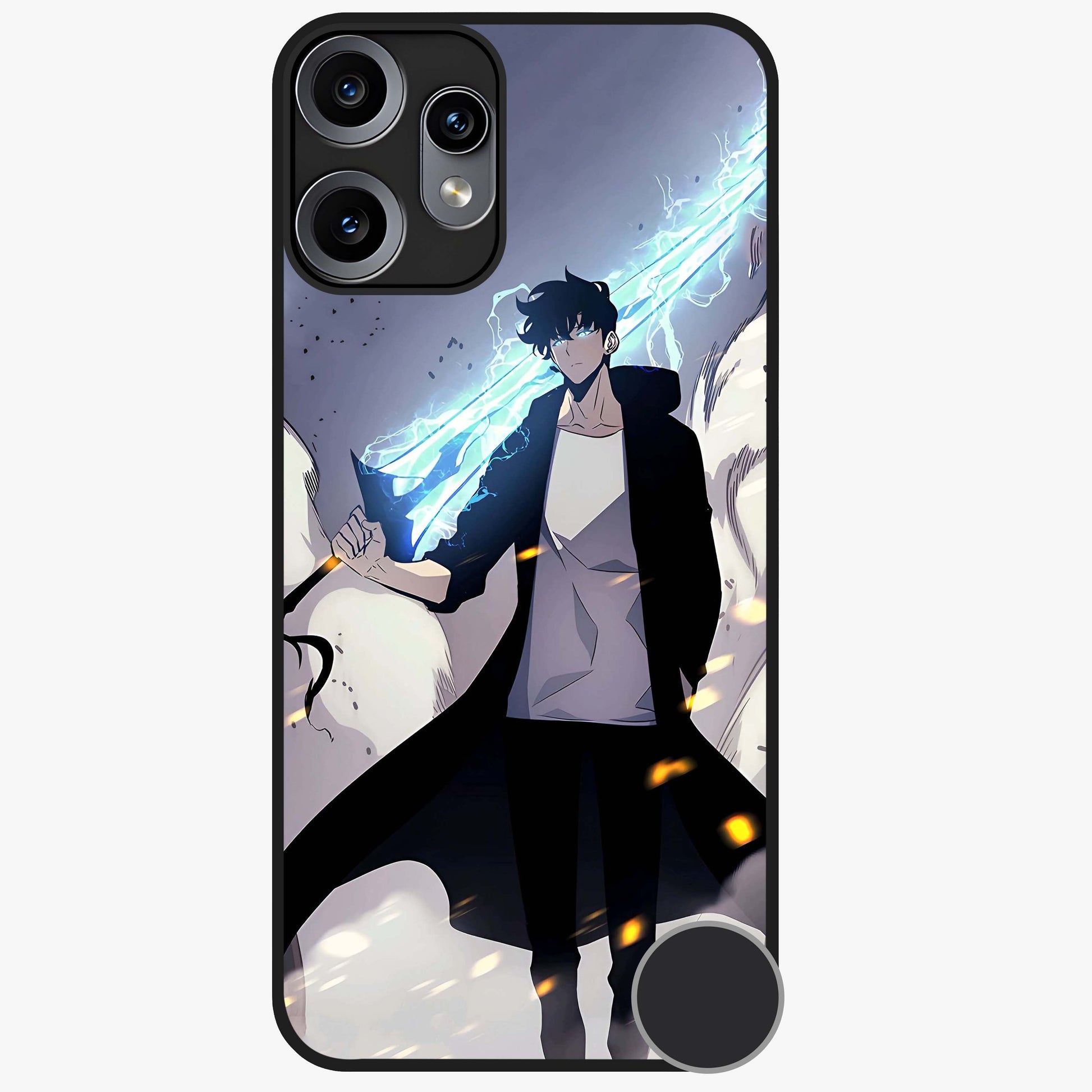 Dark Lightning Anime Warrior Glass Case showing flat back view with intense anime warrior artwork and glossy glass finish.