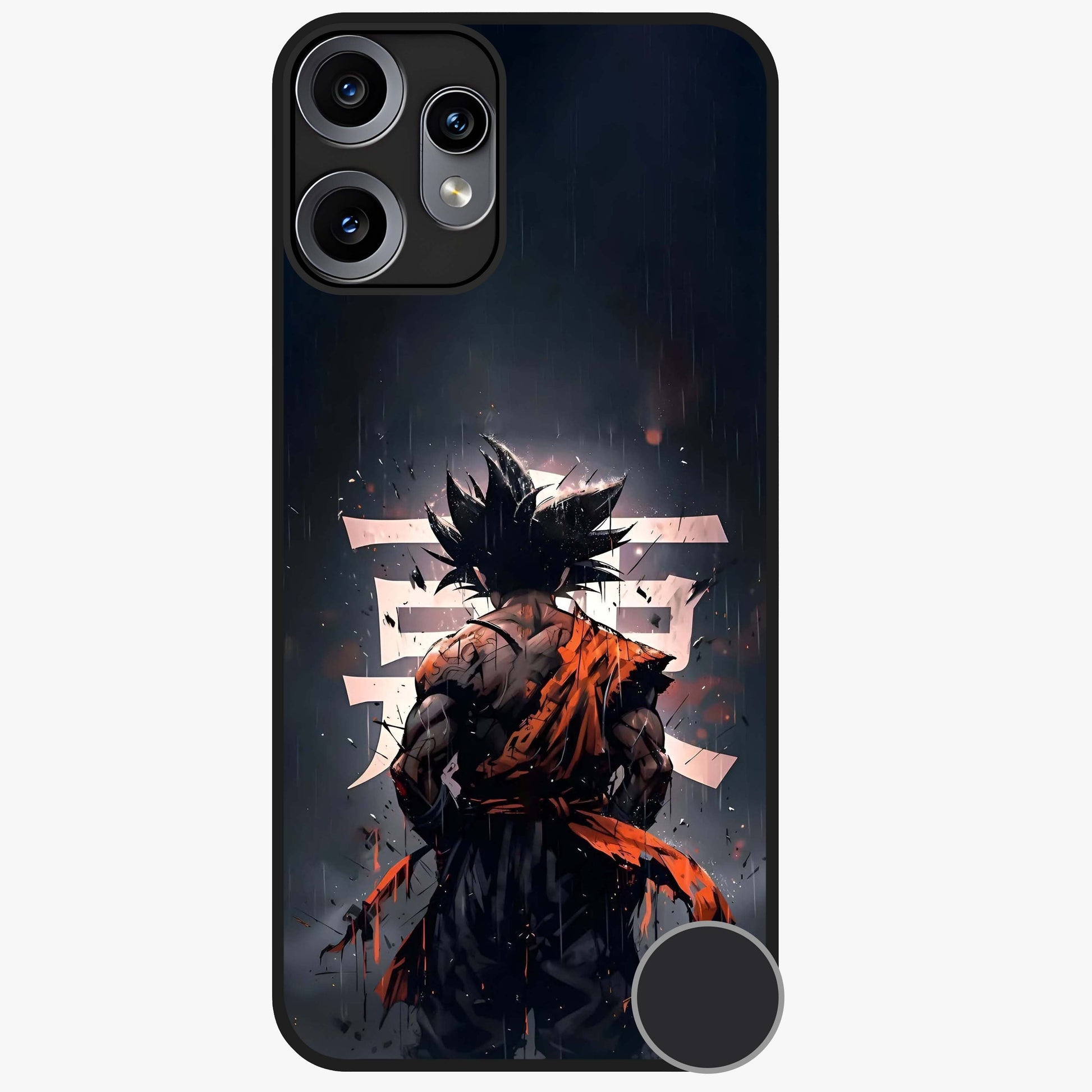 Dark Warrior In Rain Glass Case showing flat back view with warrior artwork in rainy atmosphere and glossy glass finish.
