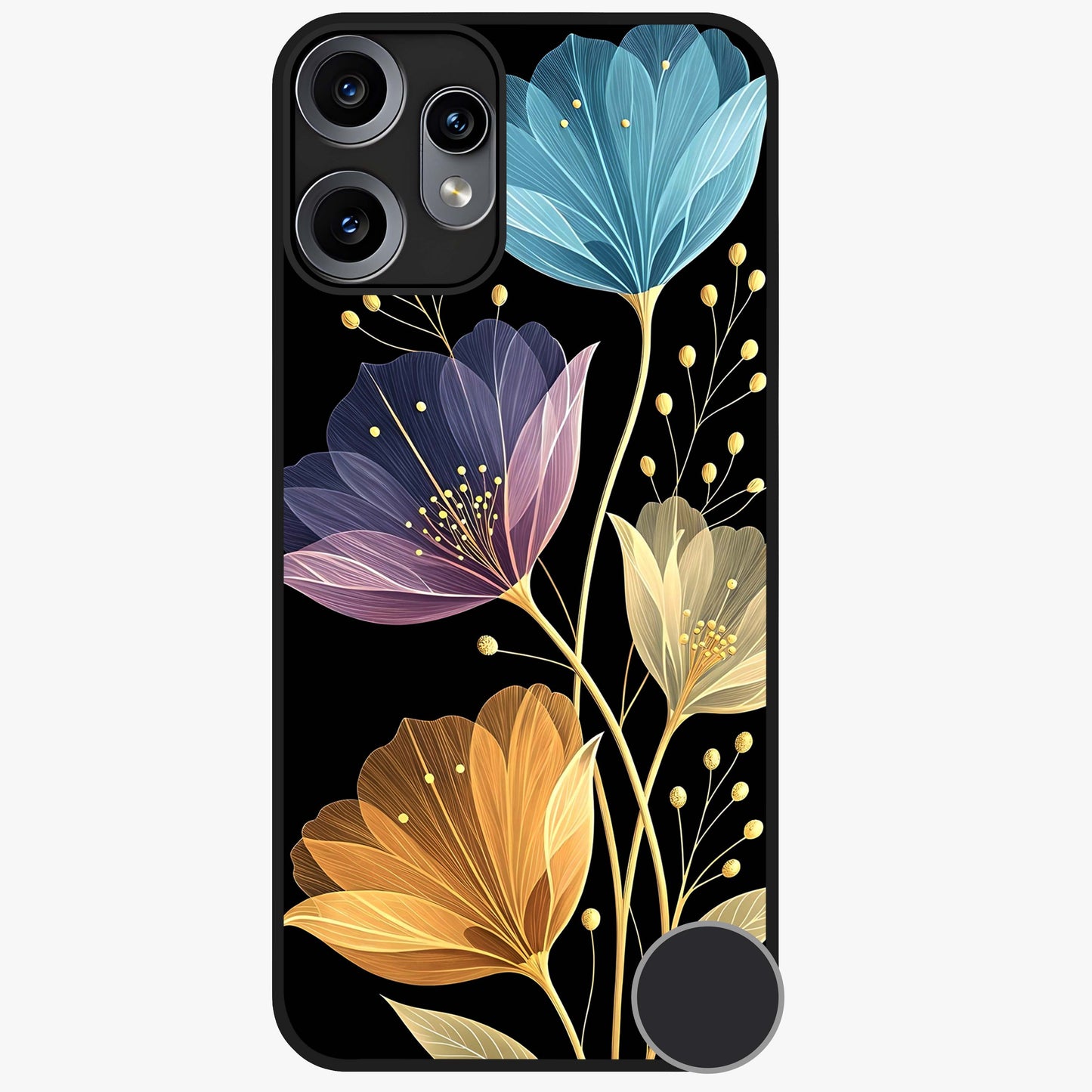 Delicate Multicolor Flowers Glass Case showing flat back view with vibrant floral artwork and glossy glass finish.