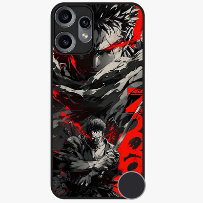 Demon Sword Resolve Glass Case showing flat back view with fierce sword warrior artwork and glossy glass finish.