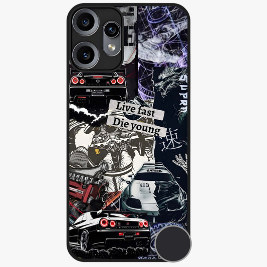 Die Young Glass Case showing flat back view with bold artistic typography design and glossy glass finish.