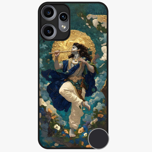 Divine Krishna Art Glass Case showing flat back view with Lord Krishna artwork and glossy glass finish.