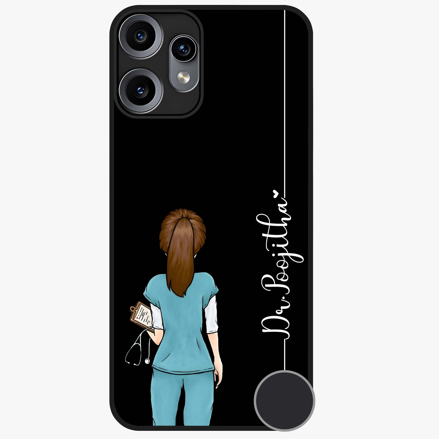 Doctor Pattern Custom Name Glass Case showing flat back view with medical themed pattern and personalized name design.