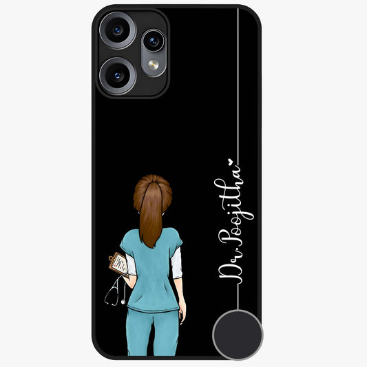 Doctor Pattern Custom Name Glass Case showing flat back view with medical themed pattern and personalized name design.