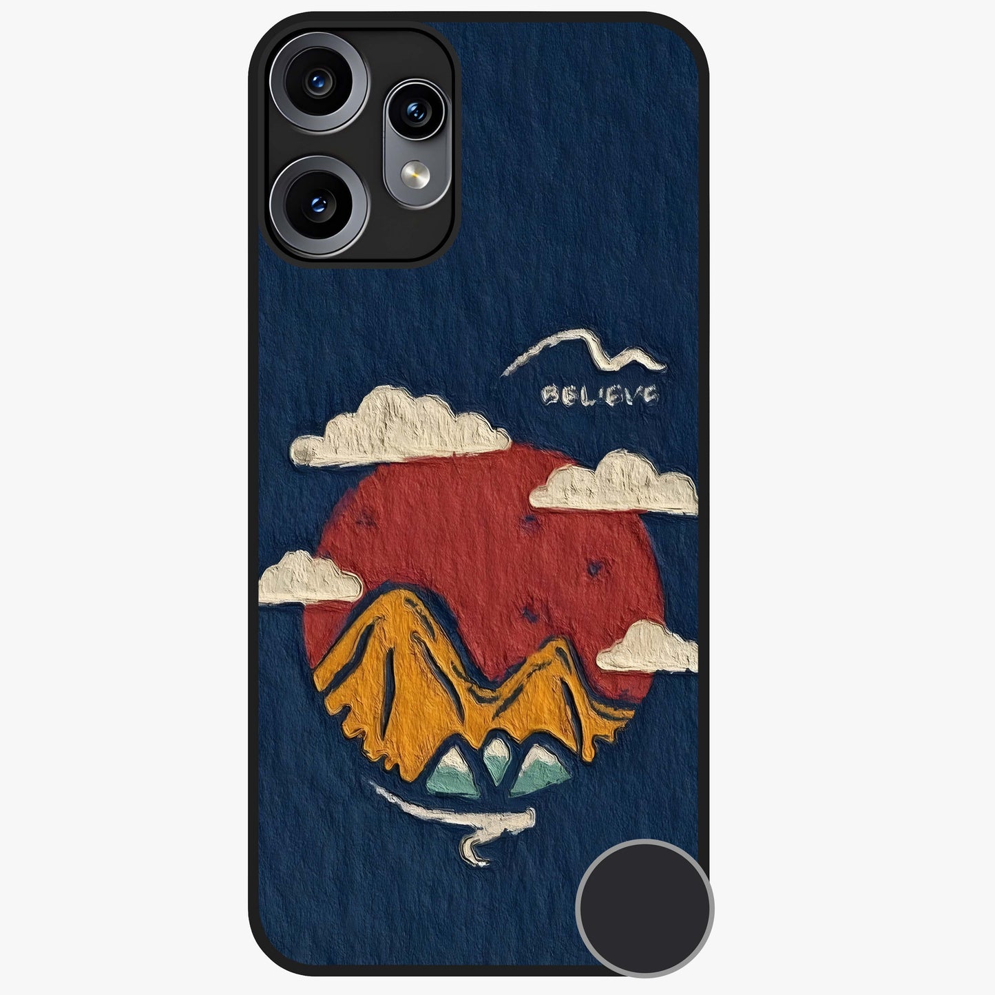 Dream Beyond Mountains Glass Case showing flat back view with scenic mountain landscape artwork and glossy glass finish.