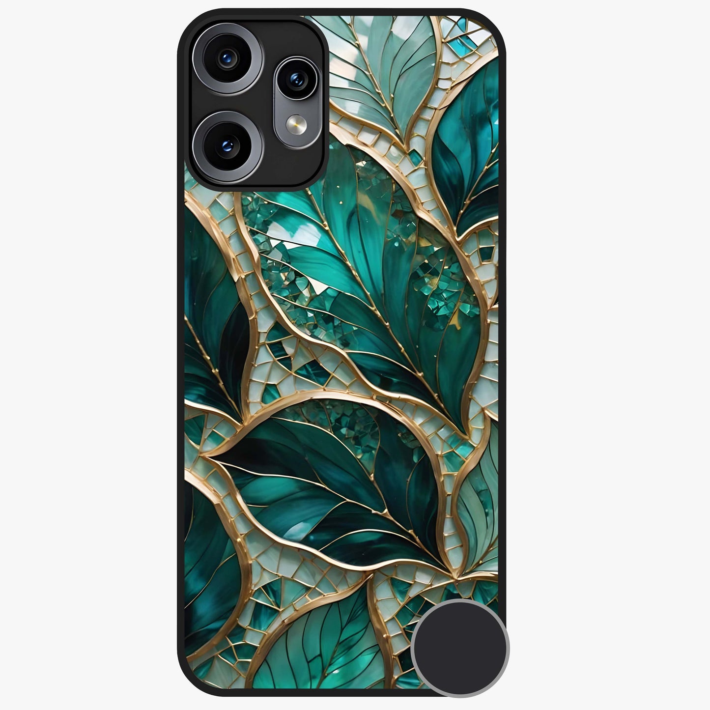 Emerald Leaf Glass Glass Case showing flat back view with emerald green leaf artwork and glossy glass finish.