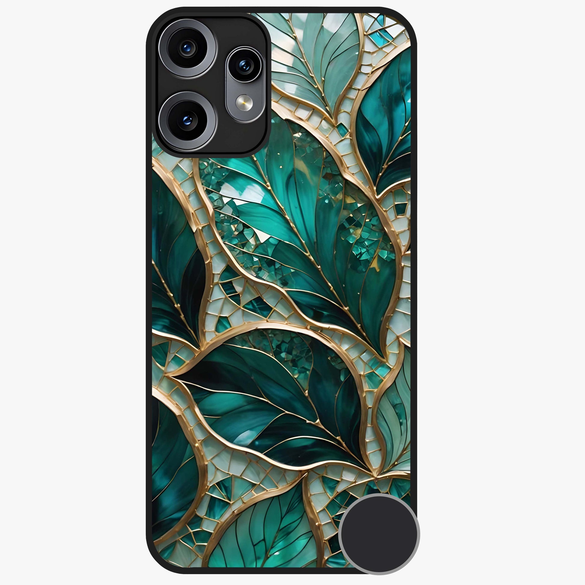 Emerald Leaf Glass Glass Case showing flat back view with emerald green leaf artwork and glossy glass finish.