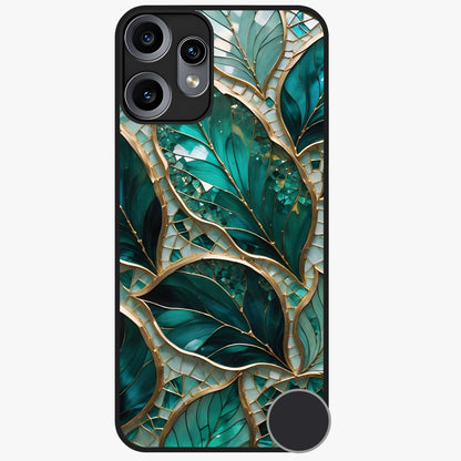 Emerald Leaf Glass Glass Case showing flat back view with emerald green leaf artwork and glossy glass finish.