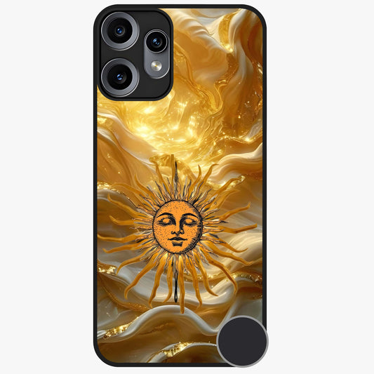 Eternal Golden Glow Glass Case showing flat back view with radiant golden themed artwork and glossy glass finish.