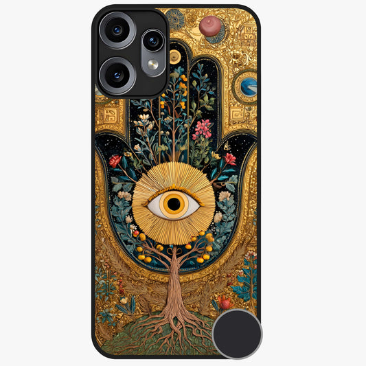 Ethereal Evil Eye Glass Case showing flat back view with mystical evil eye artwork and glossy glass finish.
