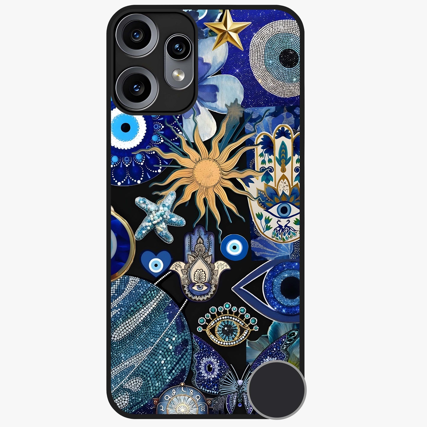 Evil Eye Charm Mix Glass Case showing flat back view with multiple evil eye charms artwork and glossy glass finish.
