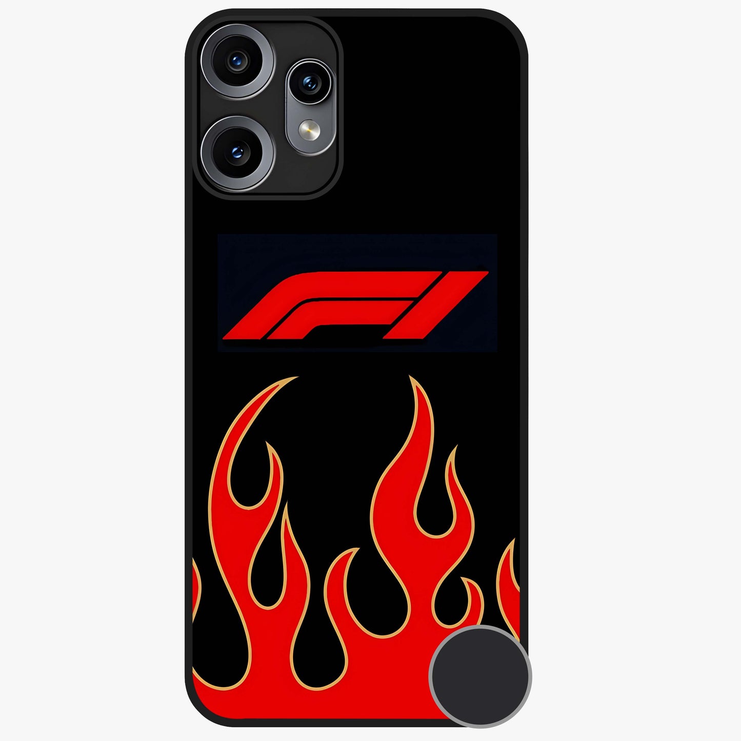 Fire F11 Glass Case showing flat back view with fiery themed artwork and glossy glass finish.