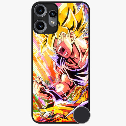 Firing Goku Glass Case showing flat back view with powerful anime inspired artwork and glossy glass finish.