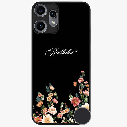 Floral Design With a Custom Personalized Name Glass Case showing flat back view with floral artwork and personalized name design.